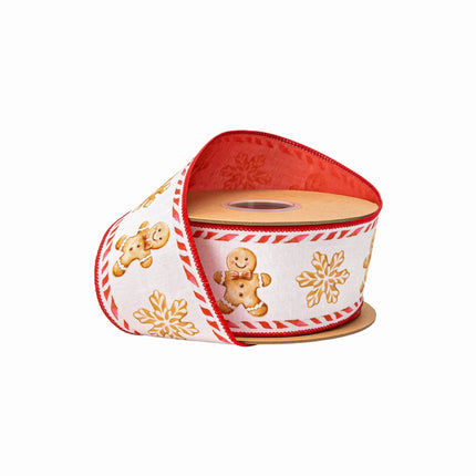 2 1/2" wired dupioni ribbon, white base with gingerbread cookies and snowflakes, red backing