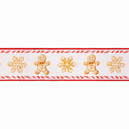 Red-backed white Christmas ribbon,  featuring gingerbread cookies and snowflakes for winter decor