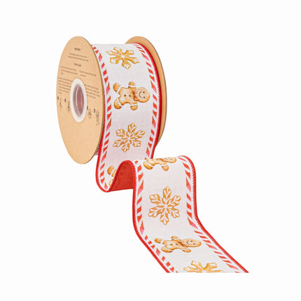Christmas gingerbread cookie ribbon,  white background with red edges and solid red backing
