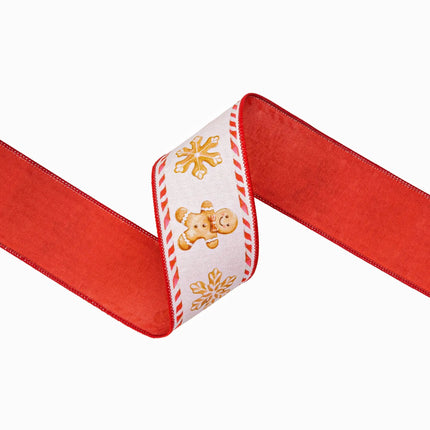 2 1/2" wired dupioni ribbon with gingerbread man print, white base with red backing for gift wrapping