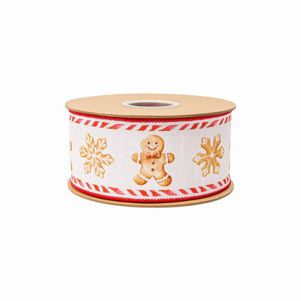 White gingerbread wired ribbon, featuring festive cookie and snowflake prints with red reverse