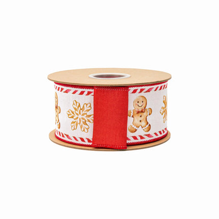 2 1/2" holiday-themed dupioni ribbon, gingerbread cookies on white with matching red backing for wreaths