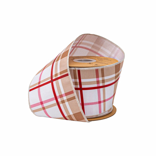 4" wired dupioni ribbon, gingerbread plaid pattern in beige, red and pink with white backing for holiday crafts