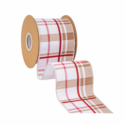 Beige red pink plaid wired ribbon, gingerbread-inspired pattern with white backing for gift wrapping