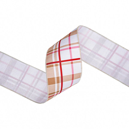 4-inch wired dupioni ribbon with gingerbread plaid print, warm neutral tones and white backing for home decor