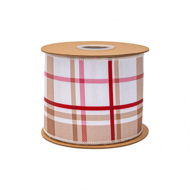 Warm-toned gingerbread plaid wired ribbon, featuring classic tartan print with solid white reverse