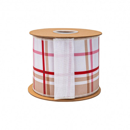 4" gingerbread plaid dupioni ribbon, wired edge, festive beige-red-pink check with white backing for wreaths