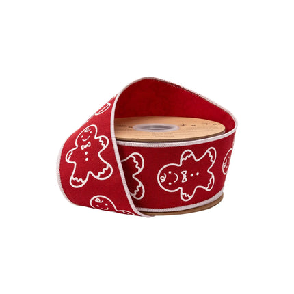 2 1/2" wired cotton linen ribbon with printed gingerbread on red, ideal for holiday wreaths.
