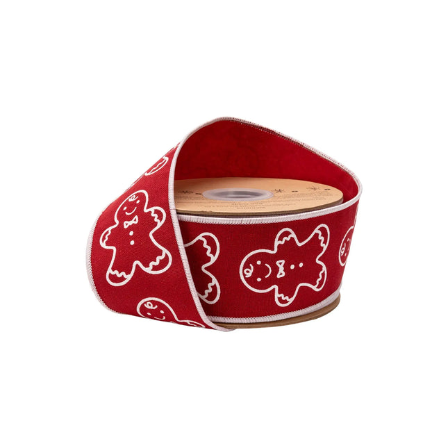 2 1/2" wired cotton linen ribbon with printed gingerbread on red, ideal for holiday wreaths.