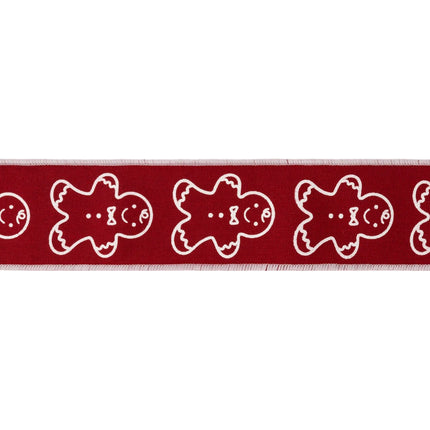 Red wired ribbon with playful gingerbread prints, perfect for adding a cozy touch to holiday decor.