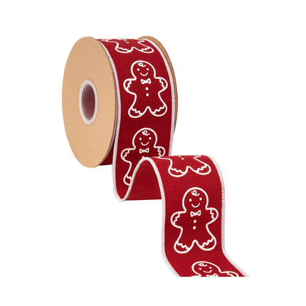 Festive red linen ribbon with printed gingerbread, suited for seasonal home accents and bows.