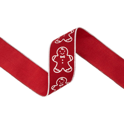 2.5-inch wired cotton linen ribbon with gingerbread design on red, ideal for tree trimming projects.