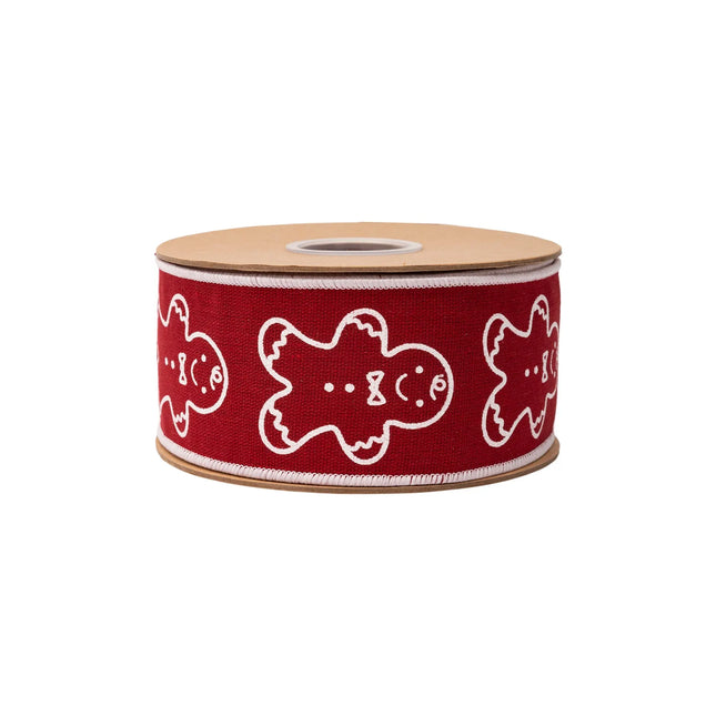 Red cotton linen wired ribbon with gingerbread print, 2.5-inch width, perfect for Christmas crafts.