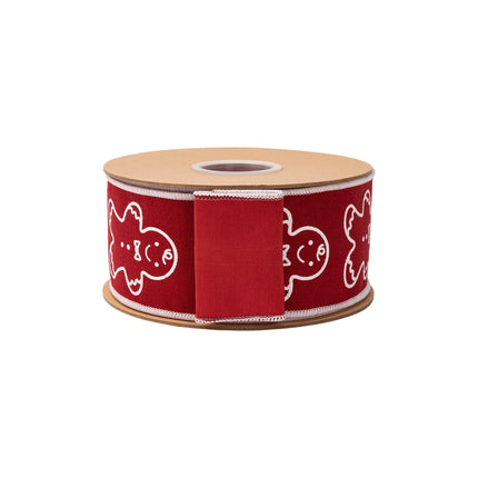 2 1/2" wired ribbon featuring white gingerbread prints on red cotton linen, great for gift wrapping.