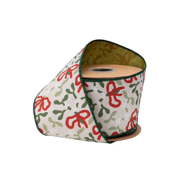 4" wired dupioni ribbon, mistletoe and red bow print on off-white with green backing for festive decor