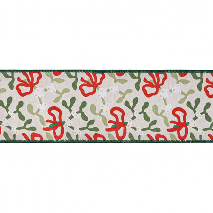 Festive mistletoe and bow ribbon, wired dupioni fabric with green backing for Christmas crafts