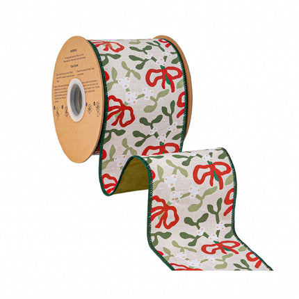 Red bow and mistletoe wired ribbon, off-white base with green backing for gift wrapping