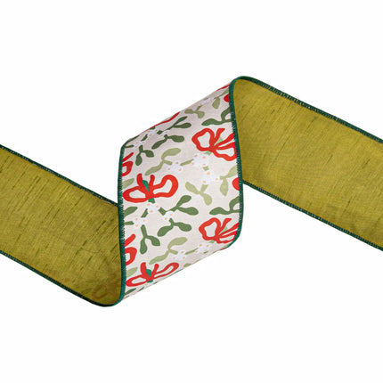 4" wired dupioni ribbon with mistletoe and red bow print, soft off-white tone and green backing
