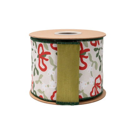 4" holiday-themed dupioni ribbon, mistletoe and bow pattern with matching green backing for wreaths