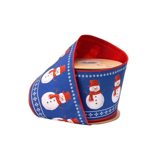 4" wired dupioni ribbon, cheerful red scarf snowman print on blue background with red backing