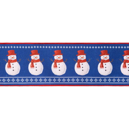 Festive snowman ribbon, blue fabric with snowman illustrations and red backing for winter crafts