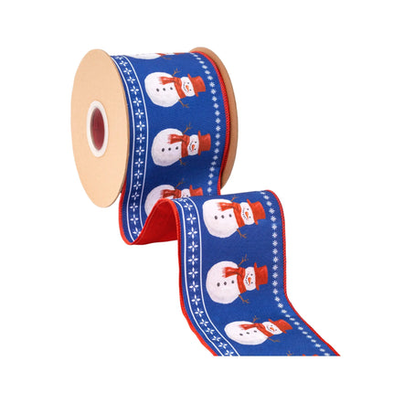 Red scarf snowman wired ribbon, blue background with snowflake border and solid red backing