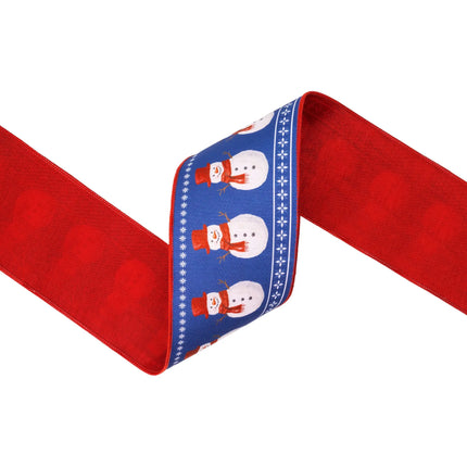 4-inch wired dupioni ribbon with snowman print, blue and red Christmas theme with red backing for wreaths