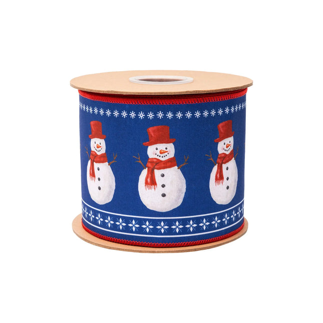 Blue snowman wired ribbon, featuring white snowmen with red hats and scarves with red reverse