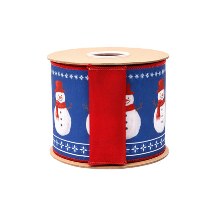 4" Christmas snowman dupioni ribbon, blue base with festive snowman design and matching red backing