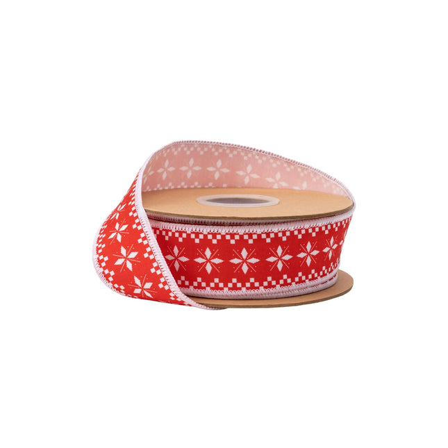 1 1/2" wired dupioni ribbon, red base with white Nordic sweater print and white backing for festive decor