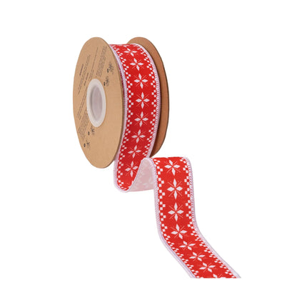 White snowflake knit wired ribbon,  red base with sweater-inspired design and white backing