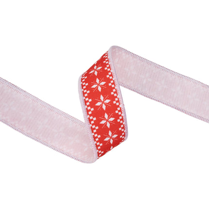 1 1/2" wired dupioni ribbon with Nordic sweater print, red and white holiday pattern with white backing