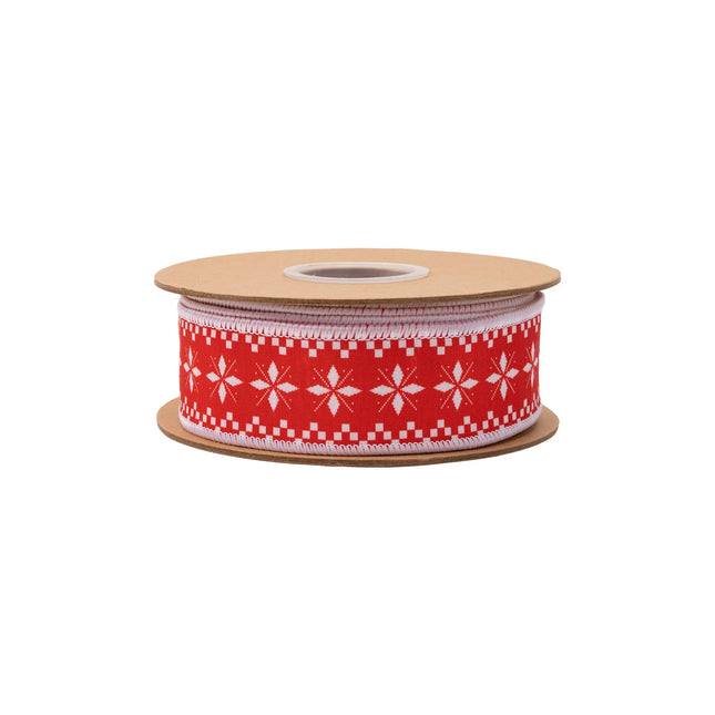 Red and white knit-style wired ribbon, featuring snowflake patterns with solid white reverse