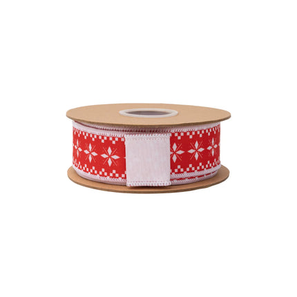 1 1/2" Christmas sweater print dupioni ribbon, red background with white motifs and matching white backing