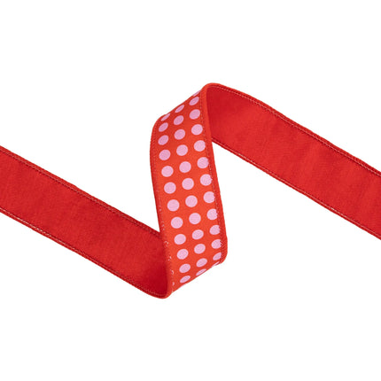 1 1/2" Wired Dupioni Ribbon | Red and Pink Polka Dots w/ Red Backing | 10 Yard Roll