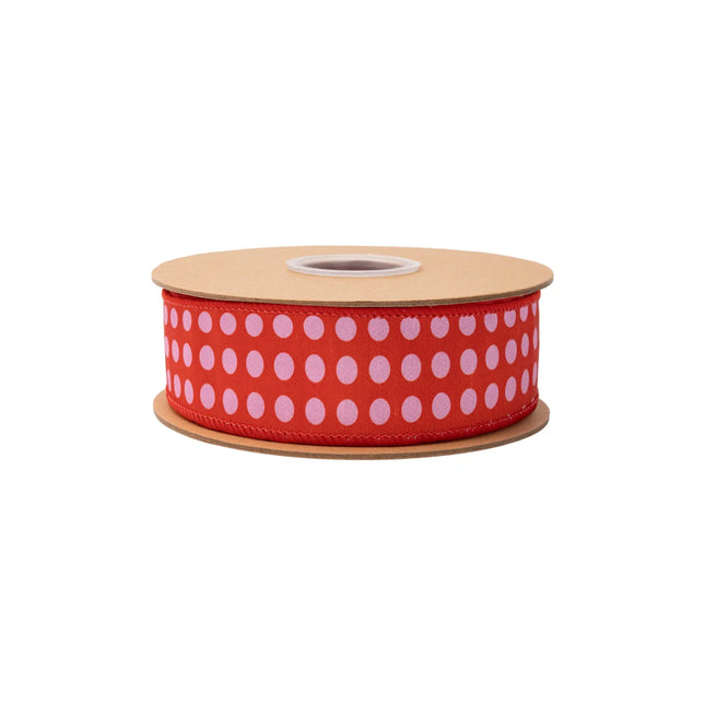 1 1/2" Wired Dupioni Ribbon | Red and Pink Polka Dots w/ Red Backing | 10 Yard Roll
