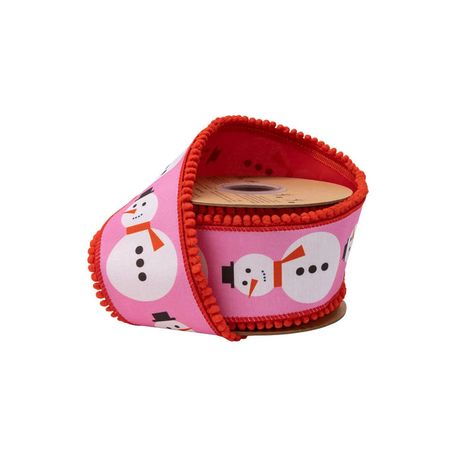 2 1/2" wired dupioni ribbon, modern snowman print on pink with red pom-pom trim and red backing