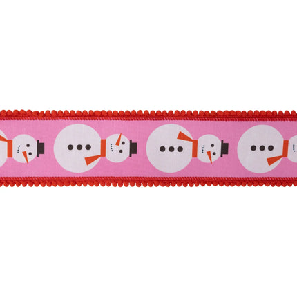 Festive pink snowman ribbon,  dupioni fabric with red pom-pom edges and red backing for winter crafts