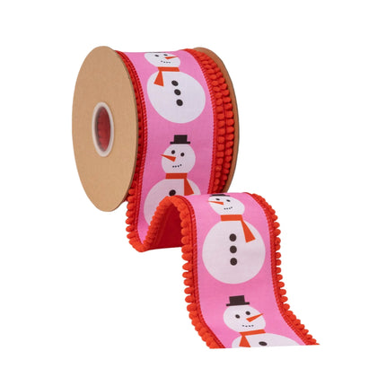 Whimsical snowman wired ribbon, pink background with red pom-pom border and solid red backing for wreaths