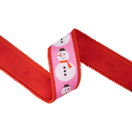 2 1/2" wired dupioni ribbon with modern snowman print, soft pink tone, pom-pom trim and red backing for gift wrapping