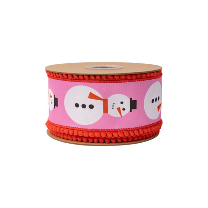 Pink snowman wired ribbon, featuring whimsical white snowmen with red pom-pom edges and red reverse