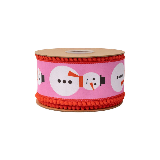Pink snowman wired ribbon, featuring whimsical white snowmen with red pom-pom edges and red reverse