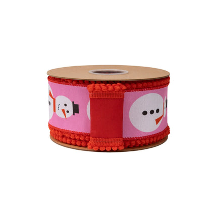 2 1/2" Christmas snowman dupioni ribbon, pink base with cute snowman design, pom-pom trim and matching red backing