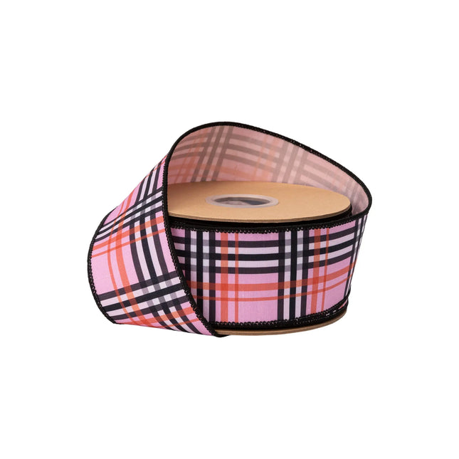 2 1/2" wired dupioni ribbon, fashion plaid print on pink with matching pink backing for trendy crafts and decor