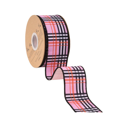 Trendy pink plaid wired ribbon,  vibrant check pattern with black edges and solid pink backing