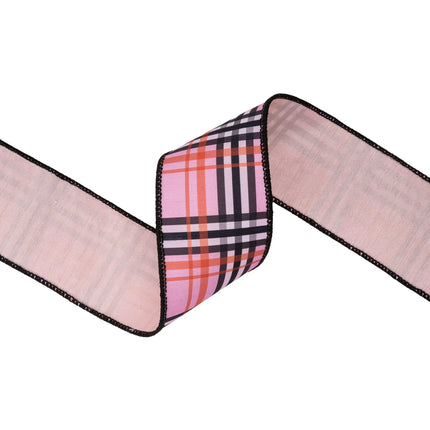 2 1/2" wired dupioni ribbon with fashion plaid print, pink background with black and orange lines and pink backing