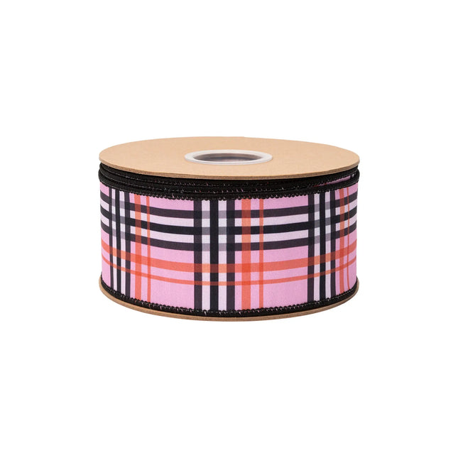 Pink plaid wired ribbon, featuring modern black, white and orange check pattern with pink reverse