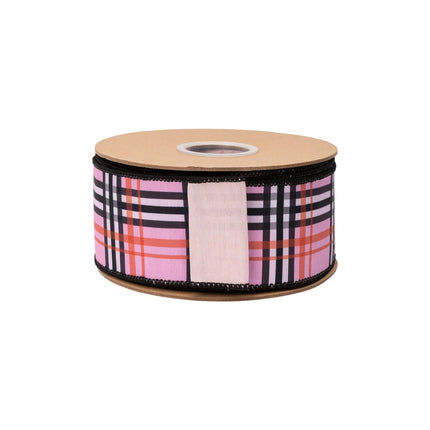 2 1/2" fashion plaid dupioni ribbon, pink base with bold multi-tonal check design and matching pink backing