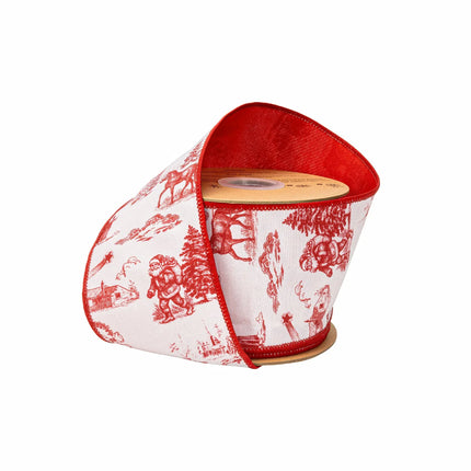 4" wired dupioni ribbon, red Christmas toile print on white with red backing for classic holiday decor