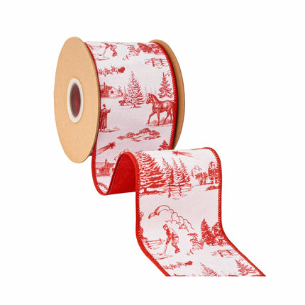 Traditional red Christmas toile wired ribbon,white base with vintage holiday prints and solid red backing